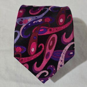 Duchamp London Hand Made in England Silk Necktie -Black Pink Purple Geo Paisly